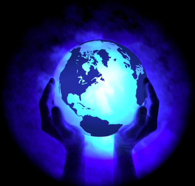hands hold a glowing earth